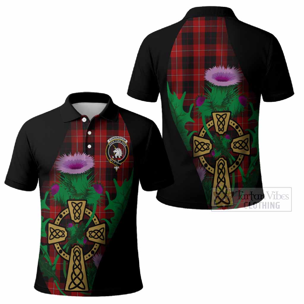 Cunningham Tartan Crest Polo Shirt Celtic Cross Thistle Flowers