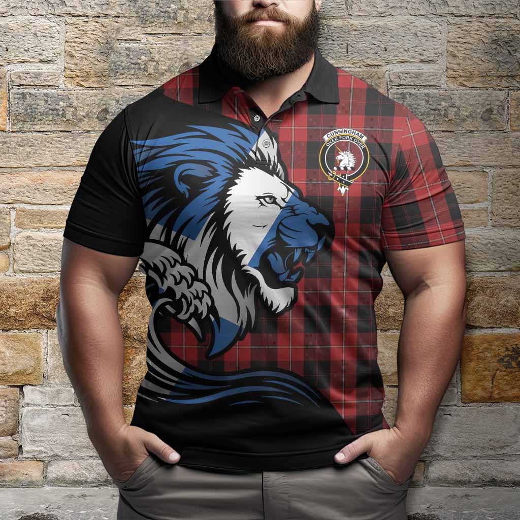 Cunningham Tartan Crest Polo Shirt Scottish Golden Lions Wave Flow