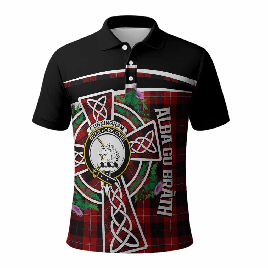 Cunningham Tartan Crest Polo Shirt Scottish Thistle Celtic Cross Alba Gu Brath