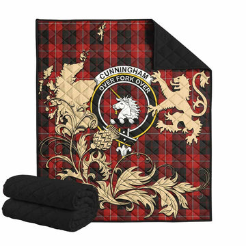 Cunningham Tartan Crest Premium Quilt with Scottish Iconic Symbols 