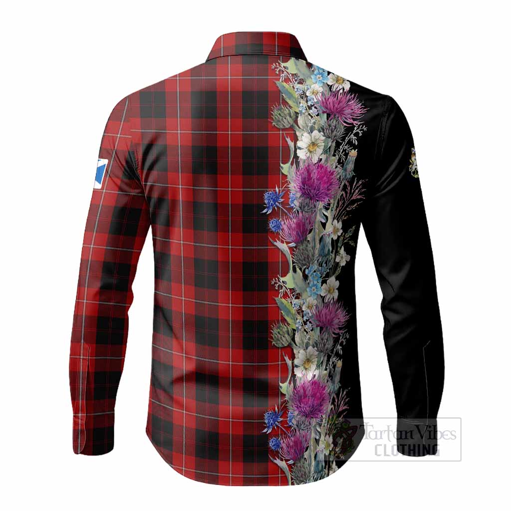 Cunningham Tartan Crest Thistle Floral Long Sleeve Button Shirts - Tartan Vibes Clothing