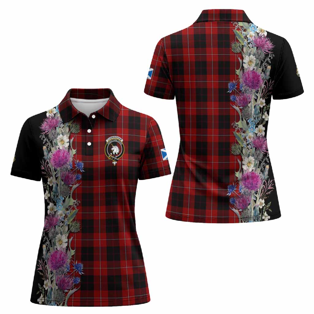Cunningham Tartan Crest Thistle Floral Women Polo Shirt