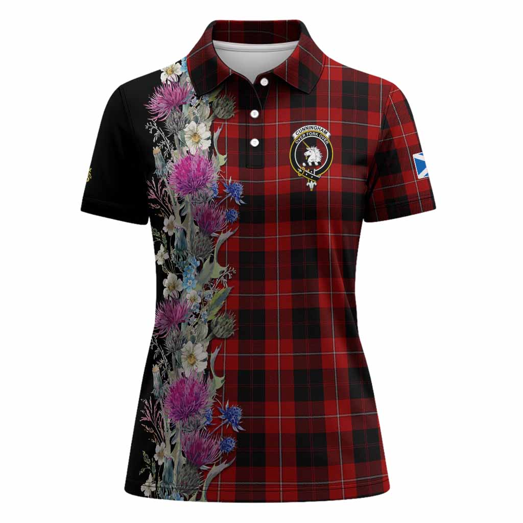 Cunningham Tartan Crest Thistle Floral Women Polo Shirt