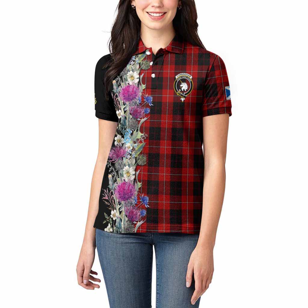 Cunningham Tartan Crest Thistle Floral Women Polo Shirt