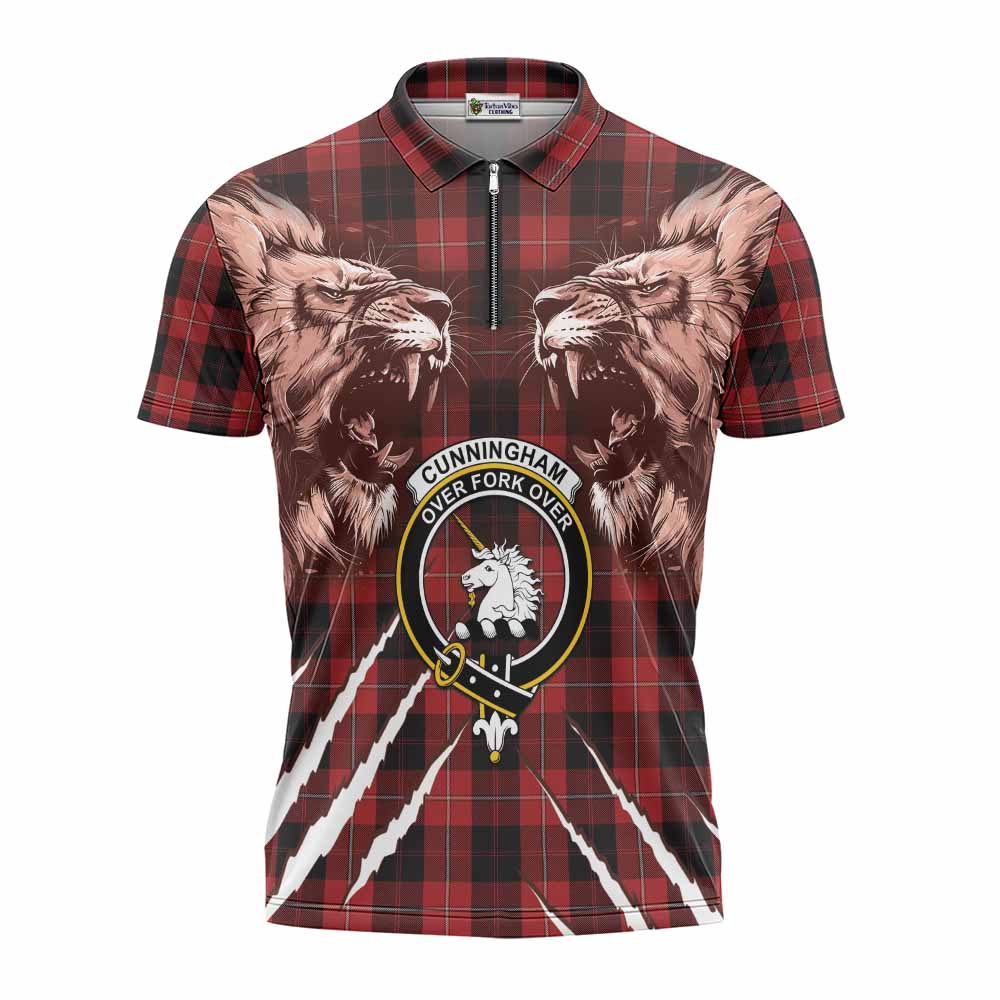 Cunningham Tartan Crest Zipper Polo Shirt Ferocious Lion Style