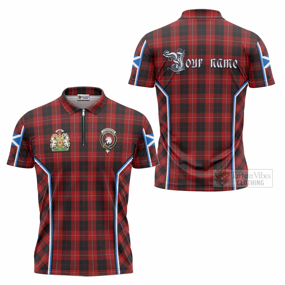 Cunningham Tartan Crest Zipper Polo Shirt Scotland Coat of Arm Flag Style - Tartan Vibes Clothing
