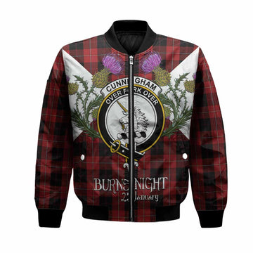Cunningham Tartan Family Crest Bomber Jacket Scottish Burns Night Thistle Floral