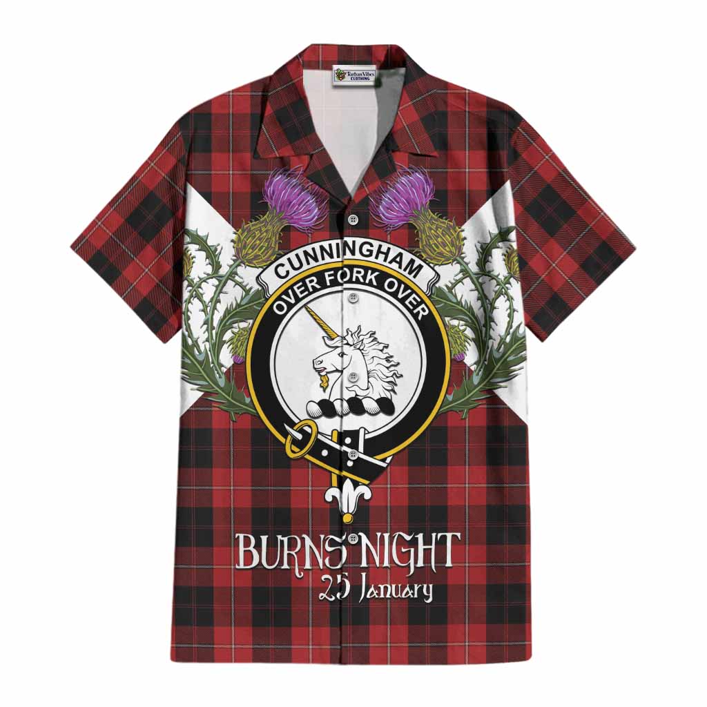 Cunningham Tartan Family Crest Cotton Hawaiian Shirt Scottish Burns Night Thistle Floral