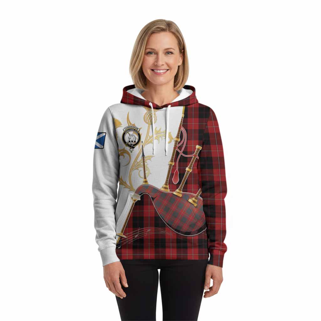 Cunningham Tartan Family Crest Hoodie Bagpipes with Scottish Thistle