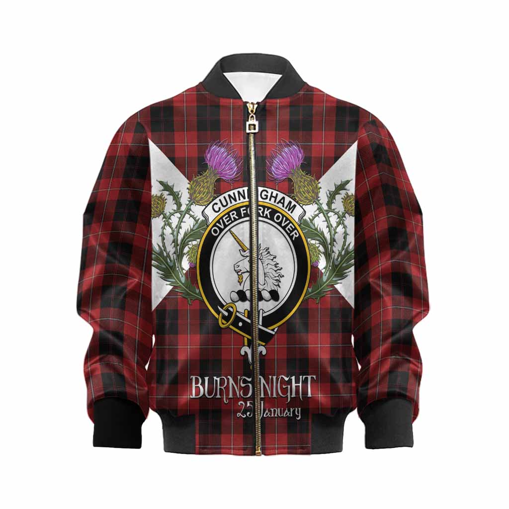 Cunningham Tartan Family Crest Kid Bomber Jacket Scottish Burns Night Thistle Floral