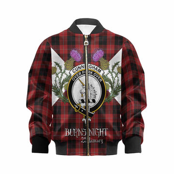 Cunningham Tartan Family Crest Kid Bomber Jacket Scottish Burns Night Thistle Floral