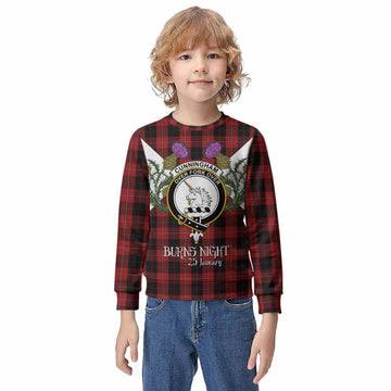 Cunningham Tartan Family Crest Kid Knitted Sweatshirt Scottish Burns Night Thistle Floral