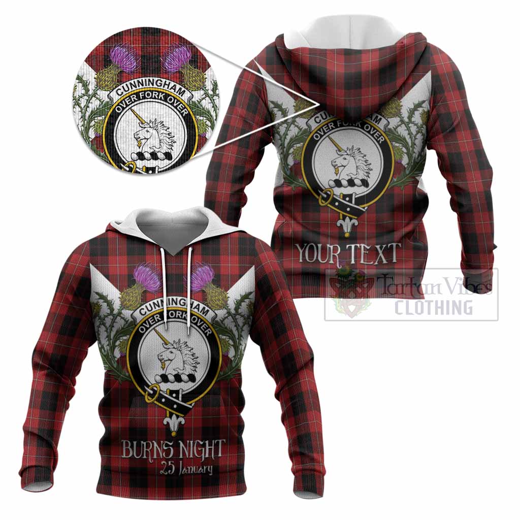 Cunningham Tartan Family Crest Knitted Hoodie Scottish Burns Night Thistle Floral