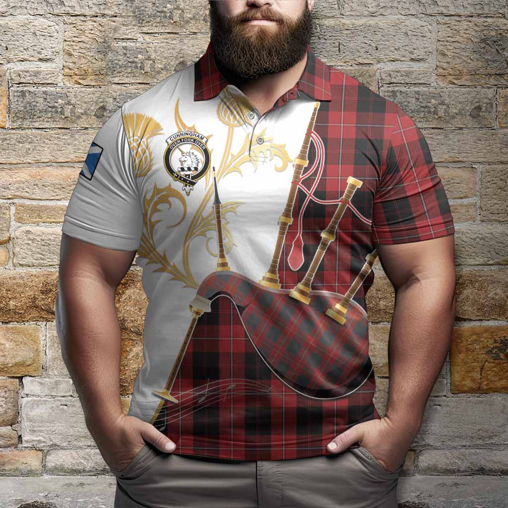 Cunningham Tartan Family Crest Polo Shirt Bagpipes with Scottish Thistle