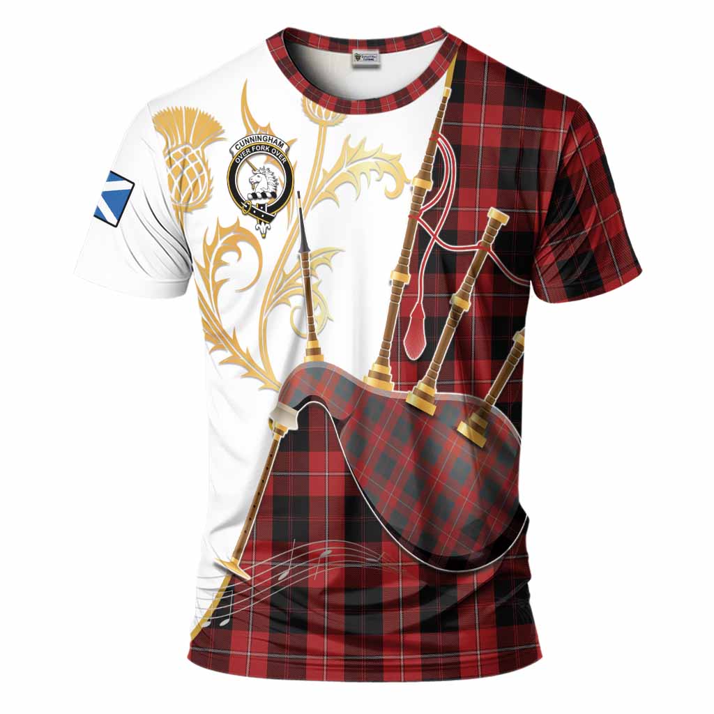Cunningham Tartan Family Crest T-Shirt Bagpipes with Scottish Thistle
