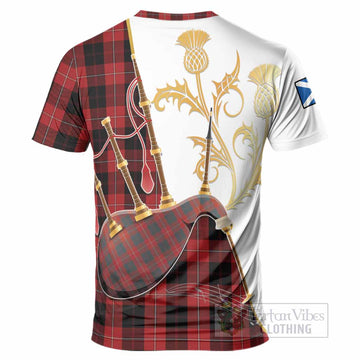 Cunningham Tartan Family Crest T-Shirt Bagpipes with Scottish Thistle