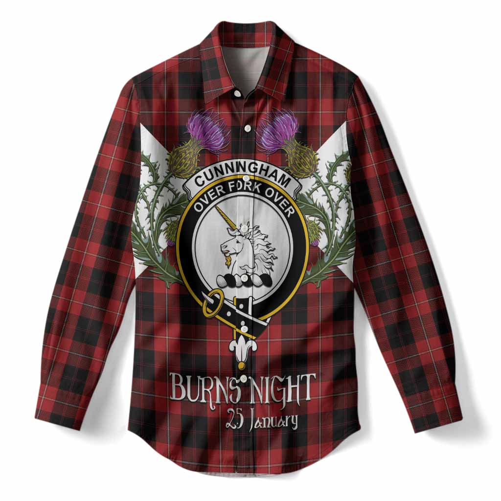 Cunningham Tartan Family Crest Women Casual Shirt Scottish Burns Night Thistle Floral