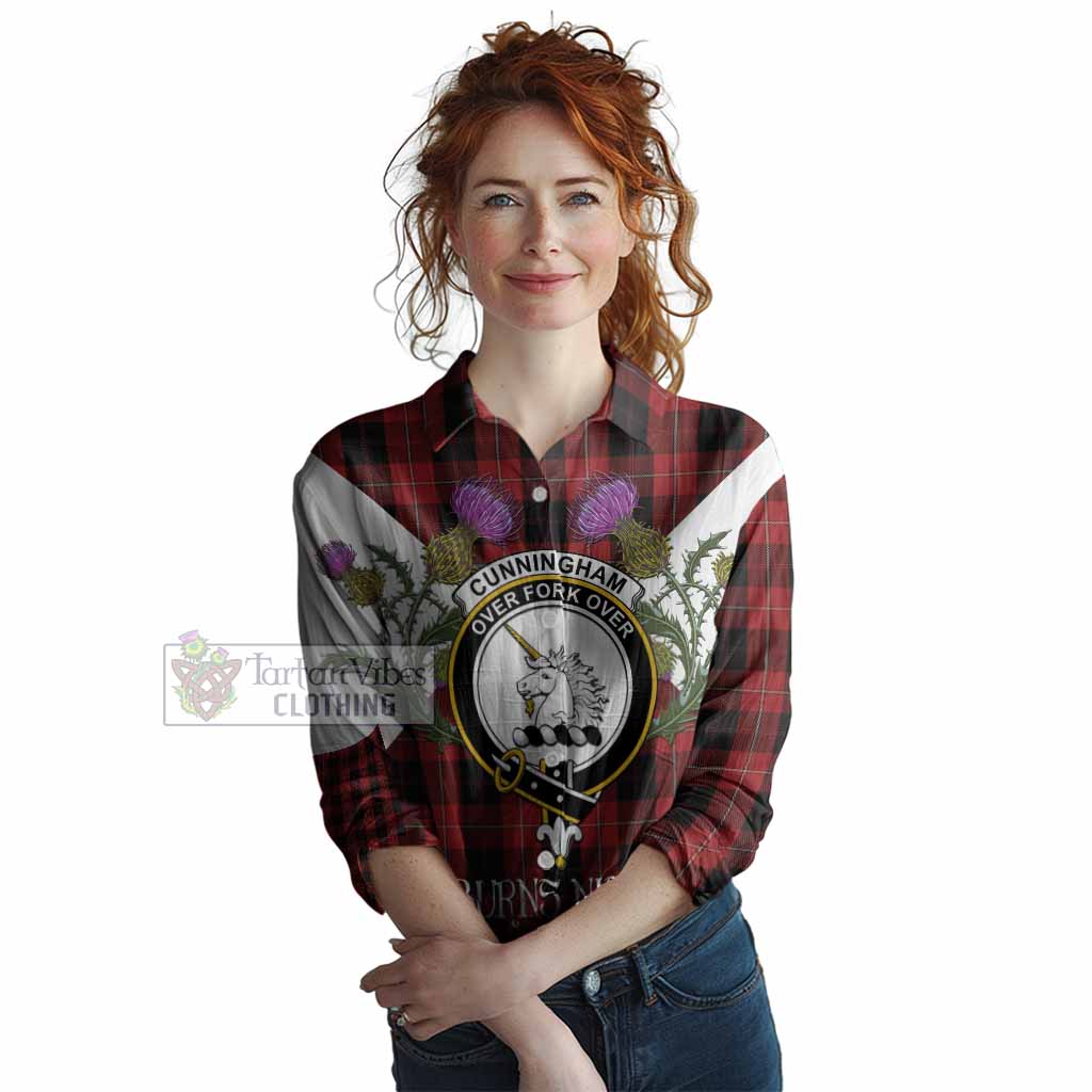 Cunningham Tartan Family Crest Women Casual Shirt Scottish Burns Night Thistle Floral