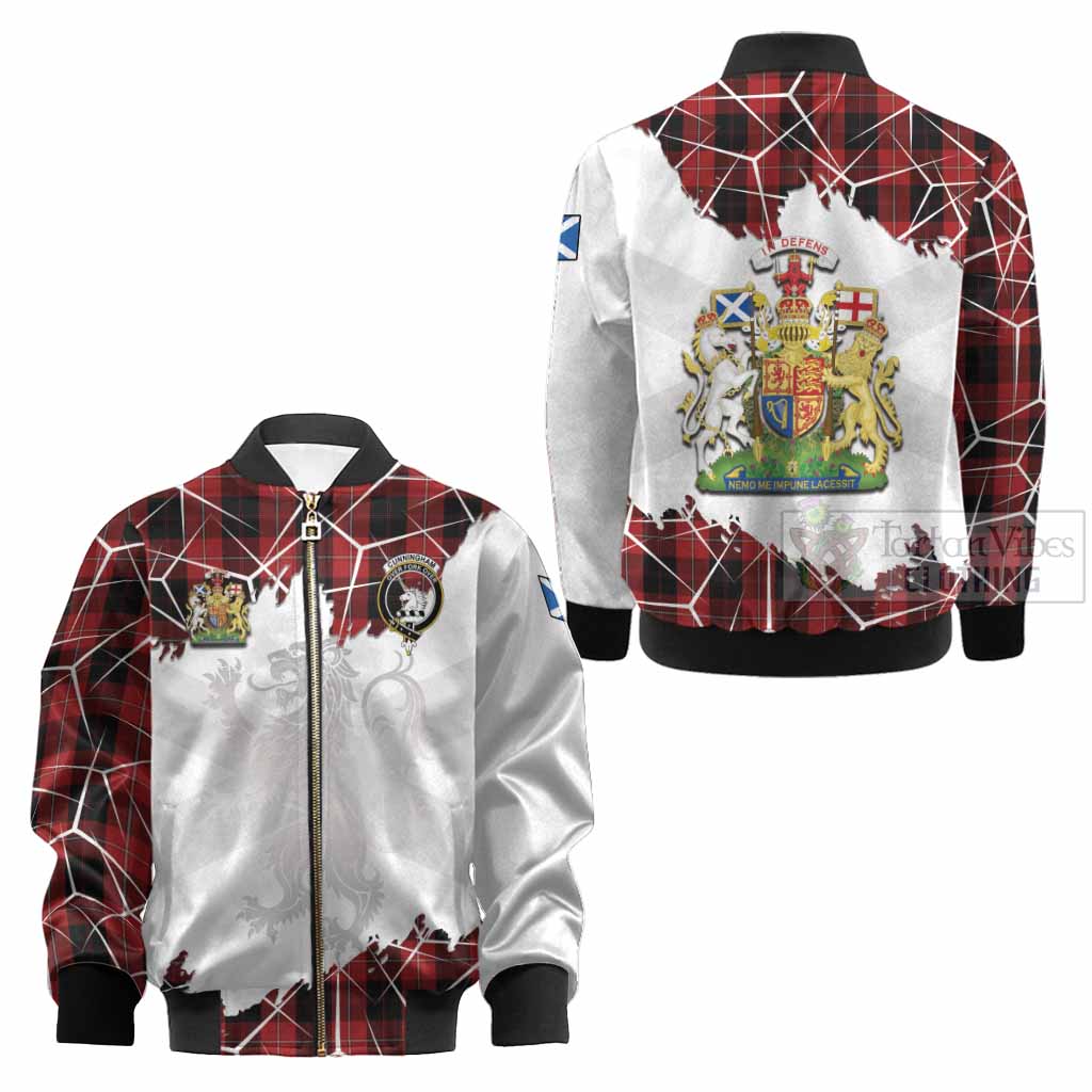 Cunningham Tartan Kid Bomber Jacket with Family Crest and Lion Rampant Grunge Style