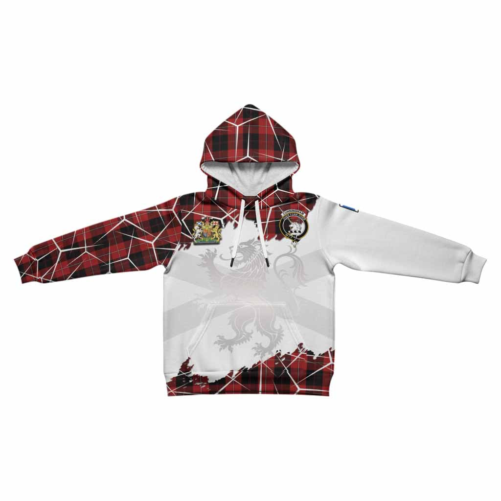 Cunningham Tartan Kid Hoodie with Family Crest and Lion Rampant Grunge Style