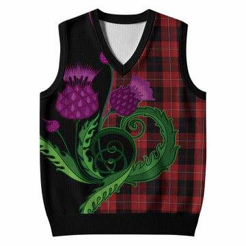 Cunningham Tartan Knitted V-Neck Vest Traditional Scottish Thistle