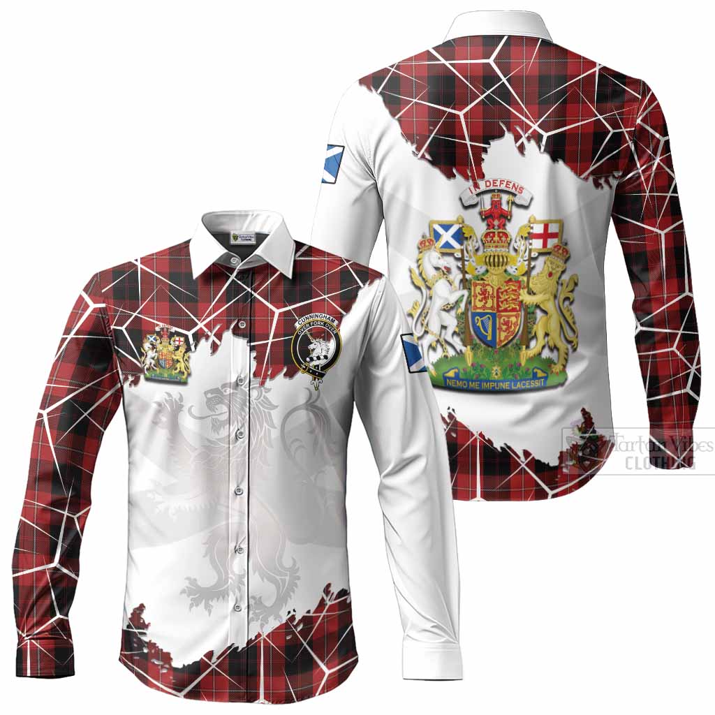 Cunningham Tartan Long Sleeve Button Shirts with Family Crest and Lion Rampant Grunge Style