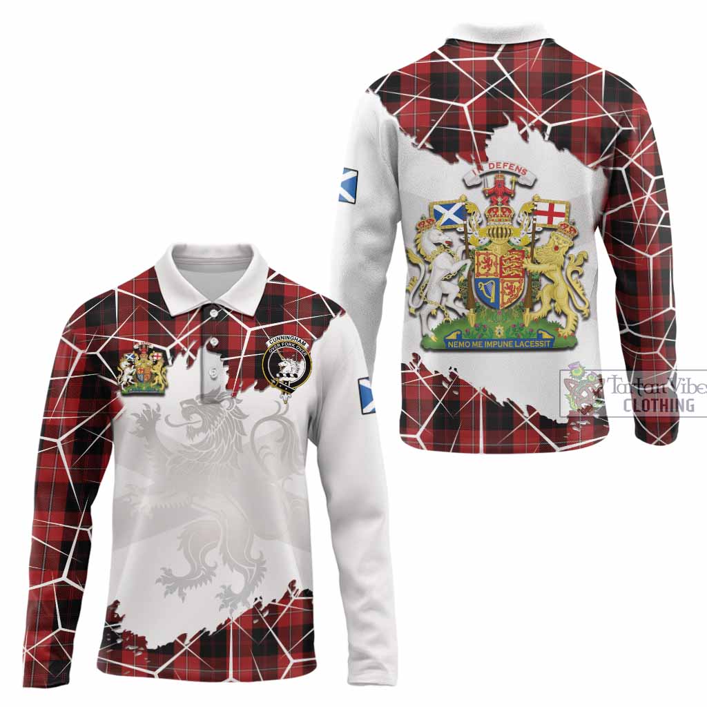 Cunningham Tartan Long Sleeve Polo Shirt with Family Crest and Lion Rampant Grunge Style