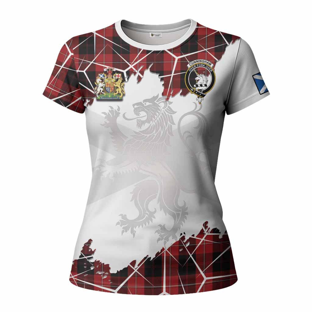 Cunningham Tartan Women T shirt with Family Crest and Lion Rampant Grunge Style