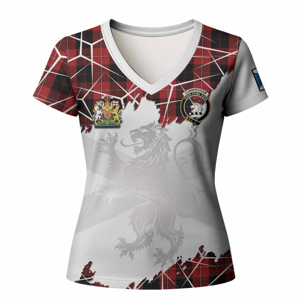 Cunningham Tartan Women T shirt with Family Crest and Lion Rampant Grunge Style