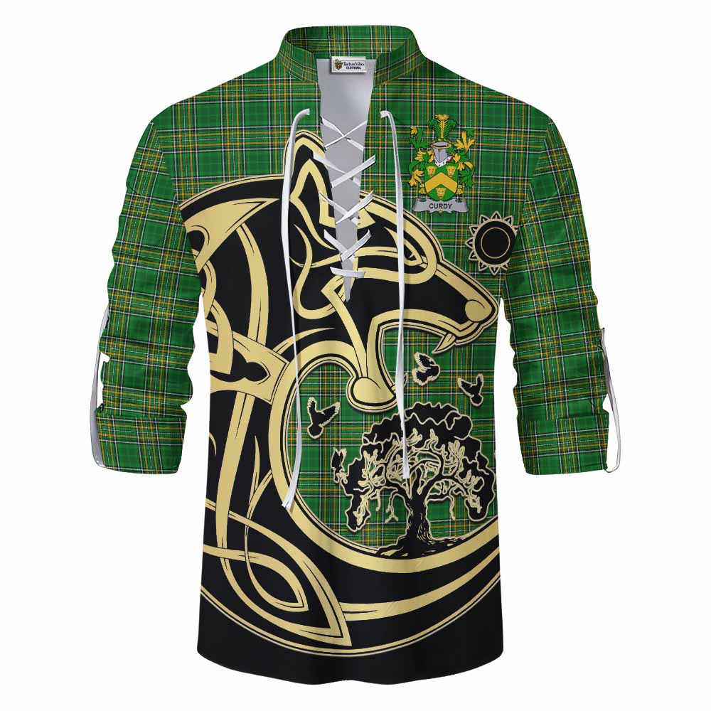 Tartan Vibes Clothing Curdy Irish Tartan Ghillie Kilt Shirt with Coat of Arms Celtic Wolf Style