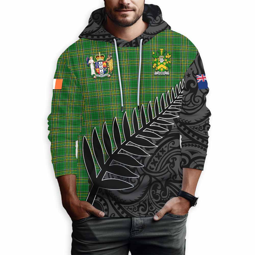 Tartan Vibes Clothing Curdy Irish Clan Tartan Hoodie with Coat of Arms New Zealand Silver Fern Half Style