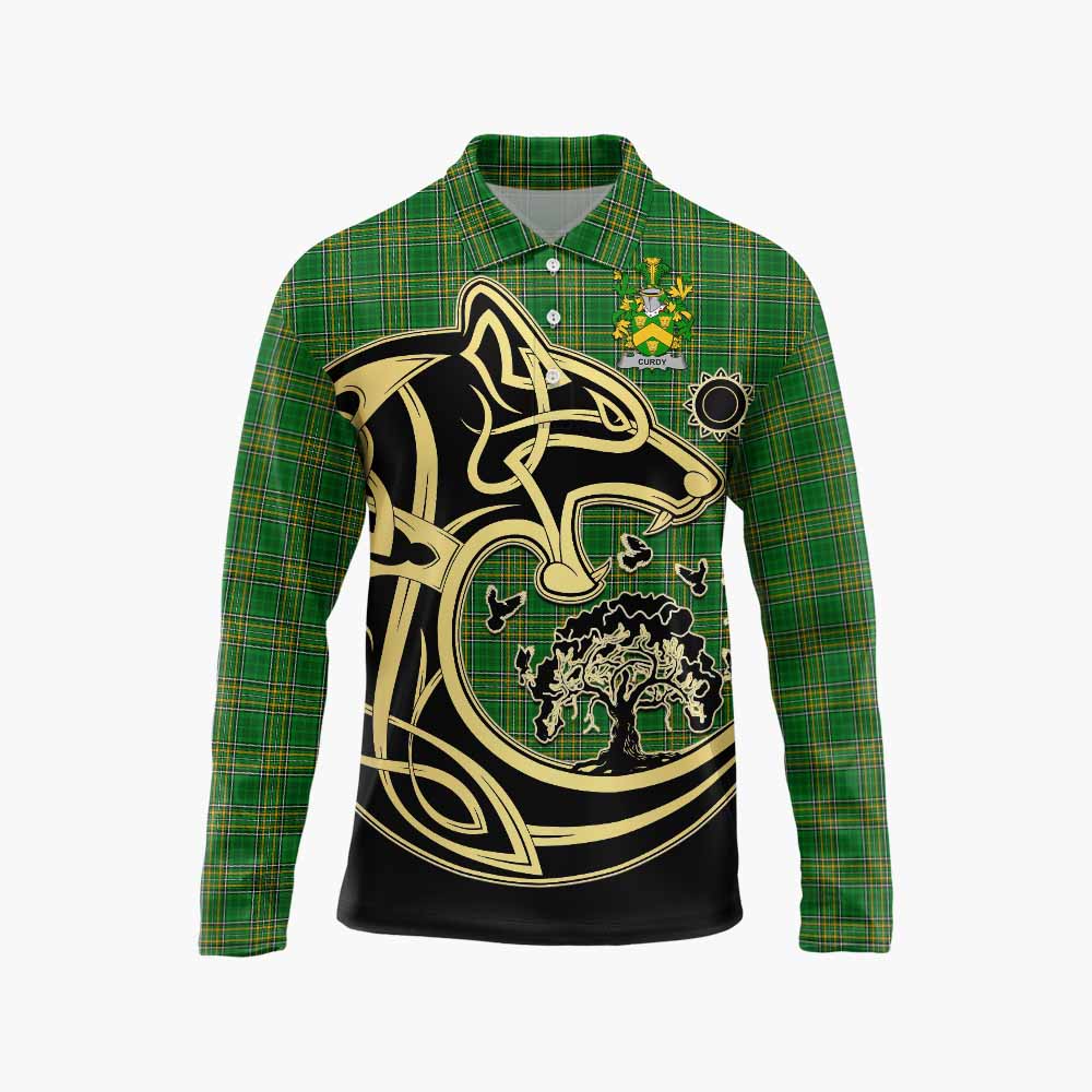Curdy Irish Tartan Long Sleeve Polo Shirt with Coat of Arms Celtic Wolf Style Unisex - Tartan Vibes Clothing