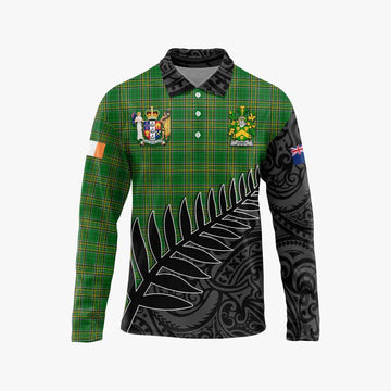 Curdy Irish Clan Tartan Long Sleeve Polo Shirt with Coat of Arms New Zealand Silver Fern Half Style