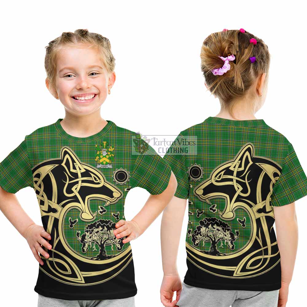Tartan Vibes Clothing Curdy Irish Tartan Kid T-Shirt with Coat of Arms Celtic Wolf Style