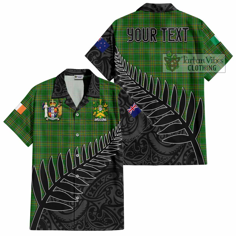 Tartan Vibes Clothing Curdy Irish Clan Tartan Short Sleeve Button Shirt with Coat of Arms New Zealand Silver Fern Half Style