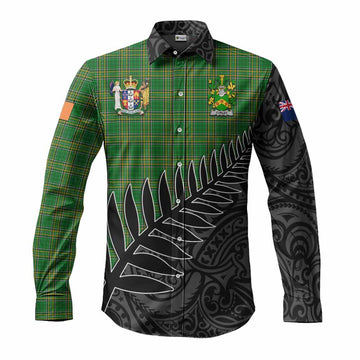 Tartan Vibes Clothing Curley Irish Clan Tartan Long Sleeve Button Shirt with Coat of Arms New Zealand Silver Fern Half Style