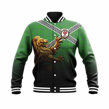 Currie Crest Tartan Baseball Jacket with Golden Lion Emblem Celtic Style