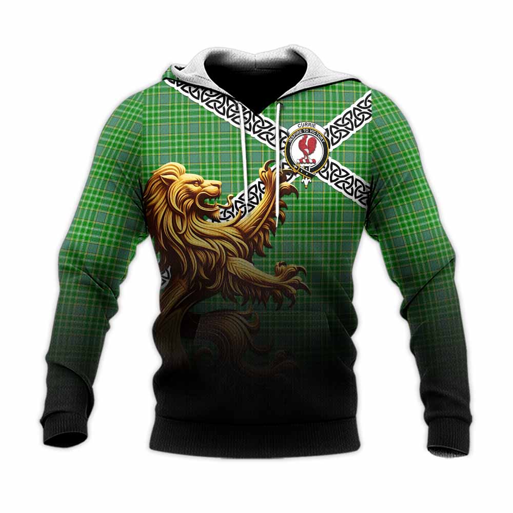 Currie Crest Tartan Knitted Hoodie with Golden Lion Emblem Celtic Style Unisex Knitted Pullover Hoodie - Tartan Vibes Clothing
