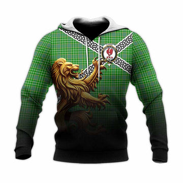 Currie Crest Tartan Knitted Hoodie with Golden Lion Emblem Celtic Style Unisex Knitted Pullover Hoodie - Tartan Vibes Clothing