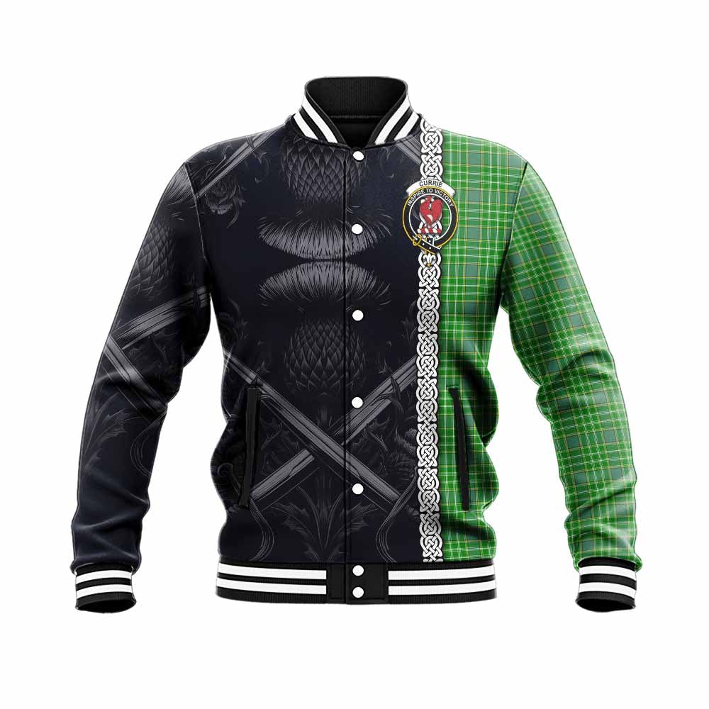 Currie Tartan Baseball Jacket with Family Crest Cross Sword Thistle Celtic Vibes Unisex - Tartan Vibes Clothing
