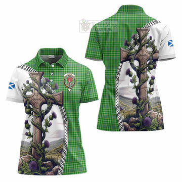 Currie Tartan Women's Polo Shirt with Family Crest and St. Andrew's Cross Accented by Thistle Vines Women - Tartan Vibes Clothing