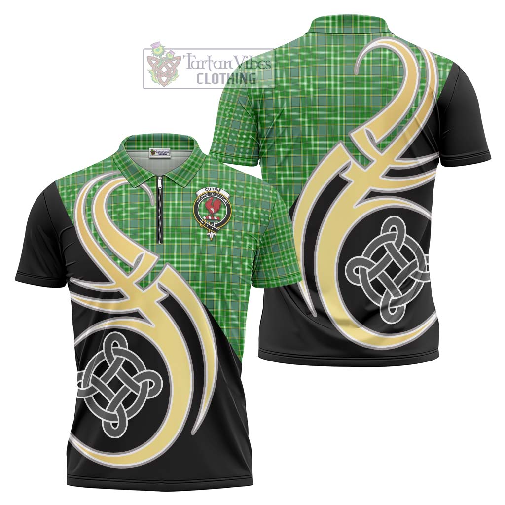 Tartan Vibes Clothing Currie Tartan Zipper Polo Shirt with Family Crest and Celtic Symbol Style