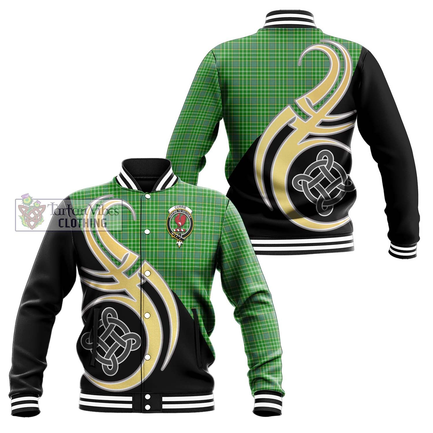 Currie Tartan Baseball Jacket with Family Crest and Celtic Symbol Style Unisex - Tartan Vibes Clothing