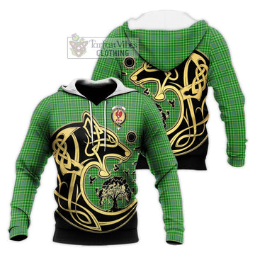 Currie Tartan Knitted Hoodie with Family Crest Celtic Wolf Style Unisex Knitted Pullover Hoodie - Tartan Vibes Clothing