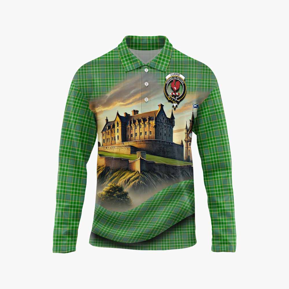 Currie Tartan Family Crest Long Sleeve Polo Shirt with Scottish Ancient Castle Style Unisex - Tartan Vibes Clothing