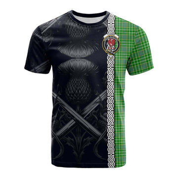 Currie Tartan Cotton T-shirt with Family Crest Cross Sword Thistle Celtic Vibes