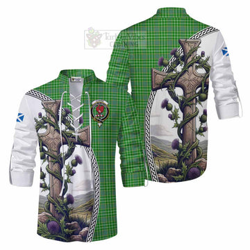 Currie Tartan Ghillie Kilt Shirt with Family Crest and St. Andrew's Cross Accented by Thistle Vines Men - Tartan Vibes Clothing