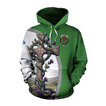 Currie Tartan Cotton Hoodie with Family Crest and St. Andrew's Cross Accented by Thistle Vines Pullover Hoodie XS - Tartan Vibes Clothing
