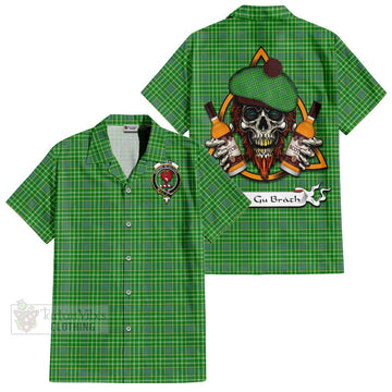 Currie Tartan Hawaiian Shirt with Family Crest and Bearded Skull Holding Bottles of Whiskey Kid - Tartan Vibes Clothing
