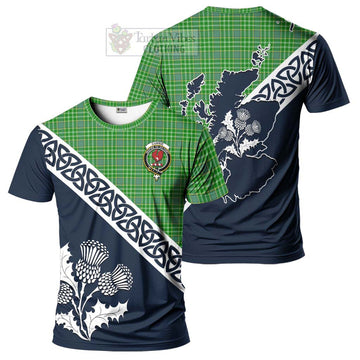 Currie Tartan T-Shirt Featuring Thistle and Scotland Map